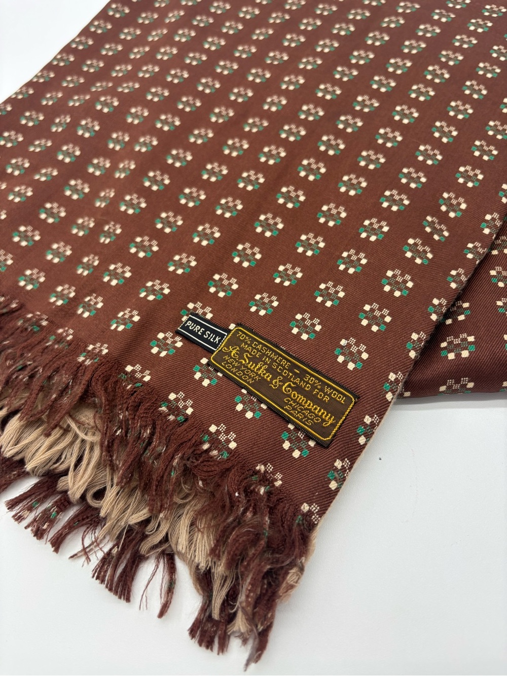 Vintage SULKA Silk Cashmere Wool Mens Scarf with Fringe Brown Tan Old Money